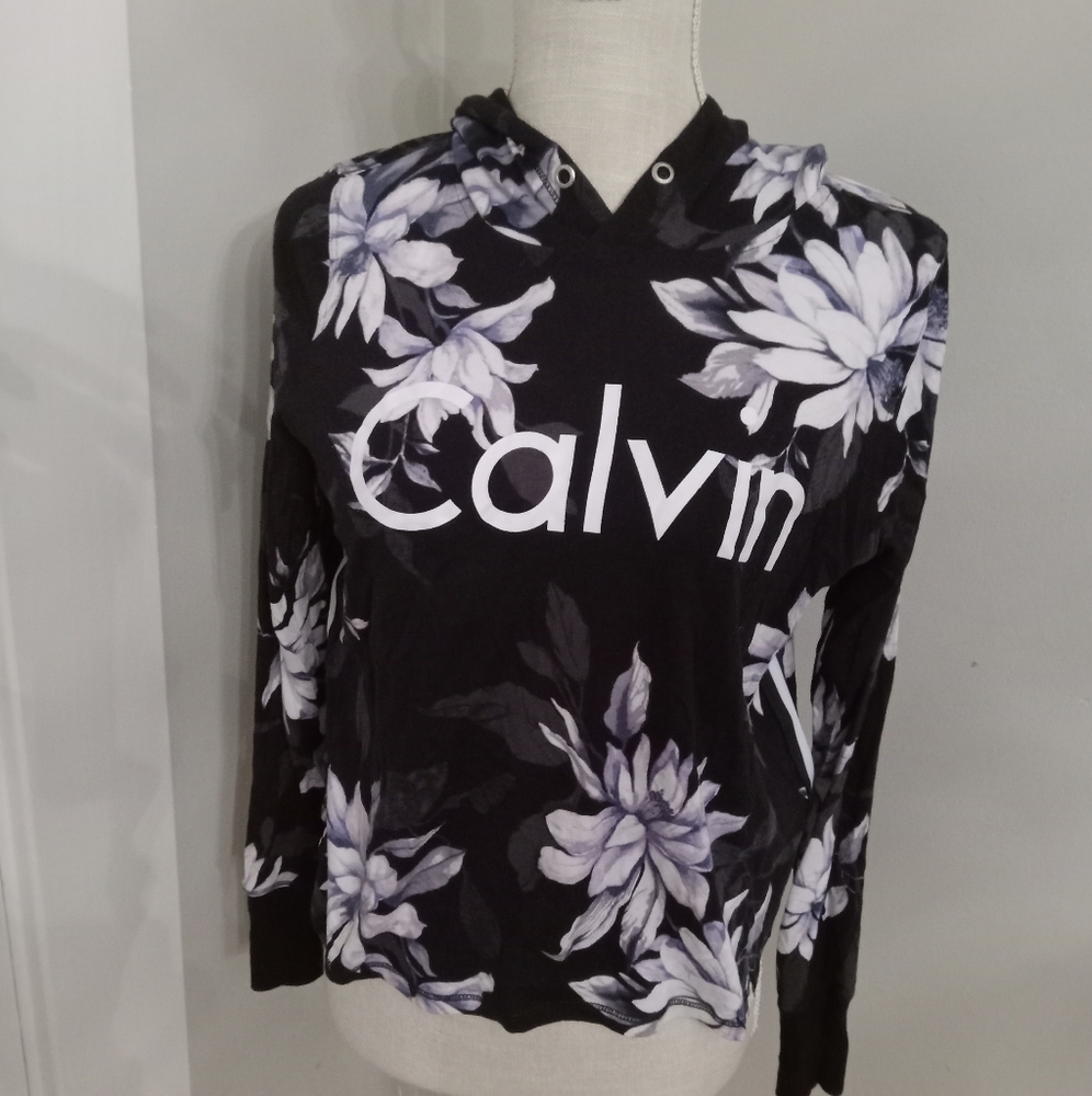 NWOT Calvin Klein Performance Hooded Sweatshirt Black Purple Gray Floral XS
